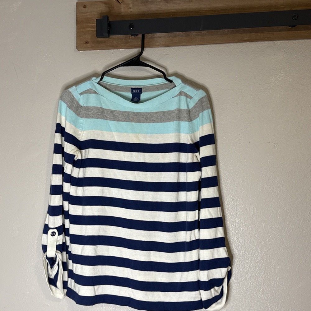 IZOD Sweater Striped Women's Small Blue White Mint Roll Tab‎ Sleeve Nautical